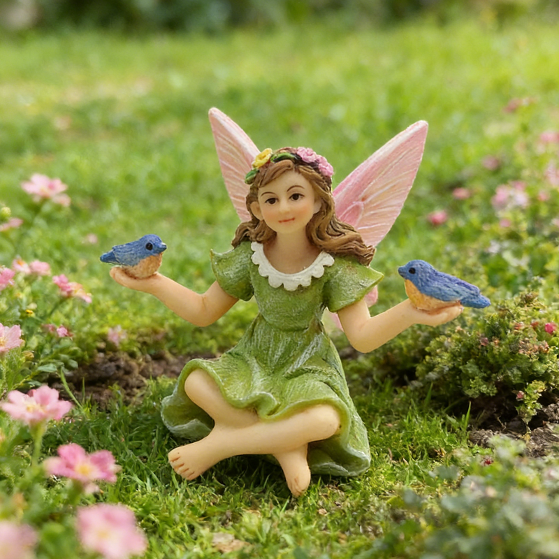 Forest Fairy & Blue Birds Resin Ornament Solar-Powered Decor 