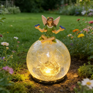 Forest Fairy & Blue Birds Resin Ornament Solar-Powered Decor 